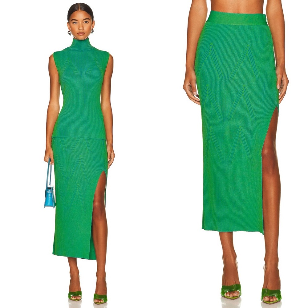 AKNVAS Leslie Grass Cyan Ribbed Knit Midi Skirt Womens Small New NWT